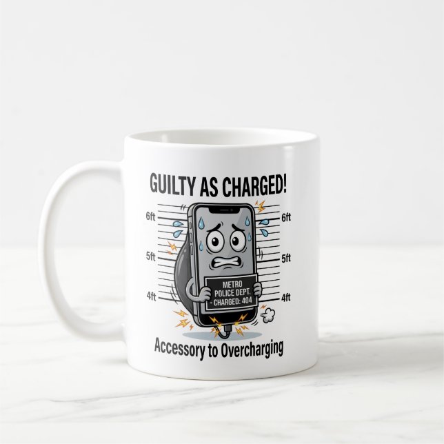 Guilty As Charged – Funny Overcharged Phone Pun Coffee Mug (Left)