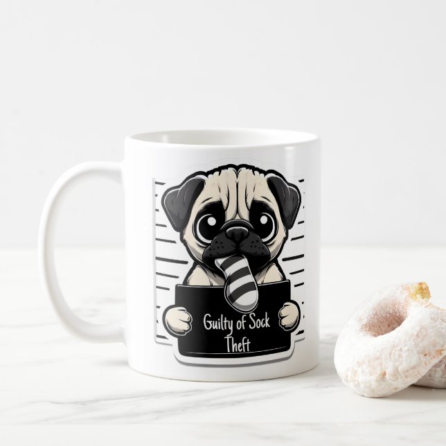 Guilty Paws Mug Shot - Pug - Coffee Mug (With Donut)