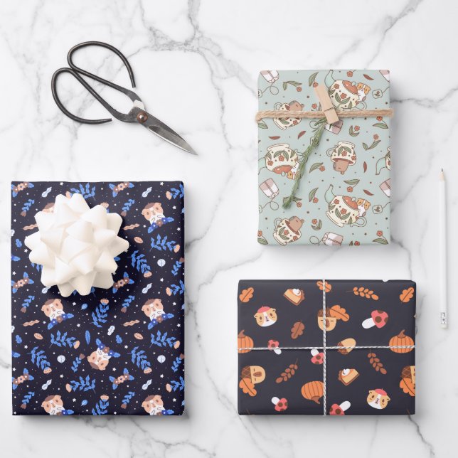 Guinea pig and Capybara festive pattern set of 3 Wrapping Paper Sheet (Front)