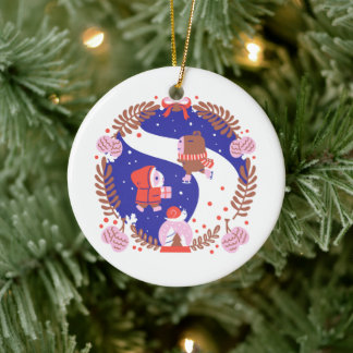 Guinea pig and capybara Winter Village Ceramic Tree Decoration