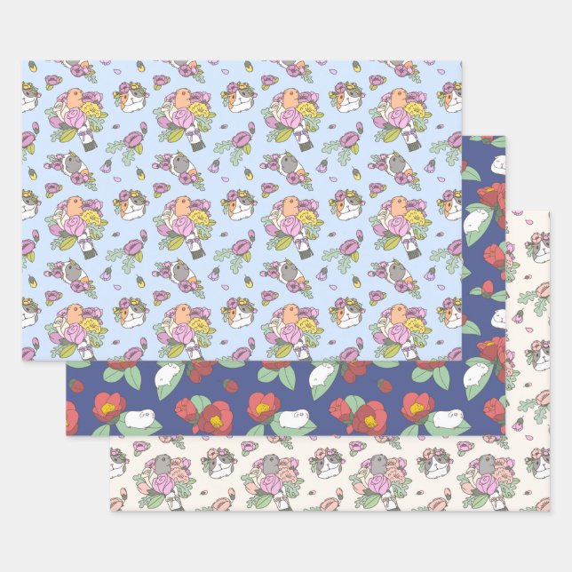 Guinea pig and flower patterns wrapping paper sheet (Set)