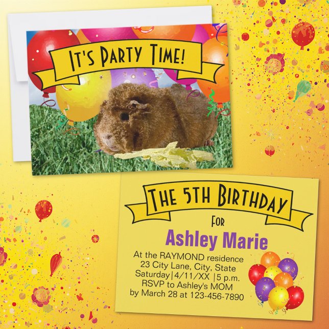 Guinea Pig Balloons Children's 5th Birthday Party Invitation (Guinea pig & balloon party invitation template.)