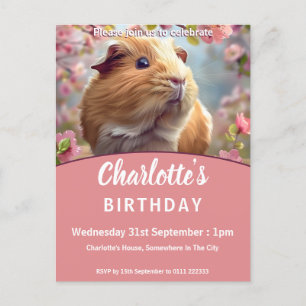 Guinea Pig & Cherry Blossom Birthday Party Invitation Postcard