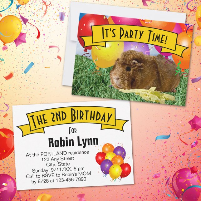 Guinea Pig Children's 2nd Birthday Party Balloons Invitation (Guinea pig birthday party invitation template.)
