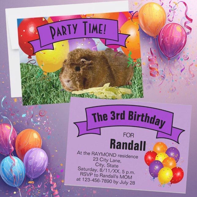 Guinea Pig Children's 3rd Birthday Party Balloons Invitation (Guinea pig & balloon party invitation template predominantly purples for kid's special occasion.)