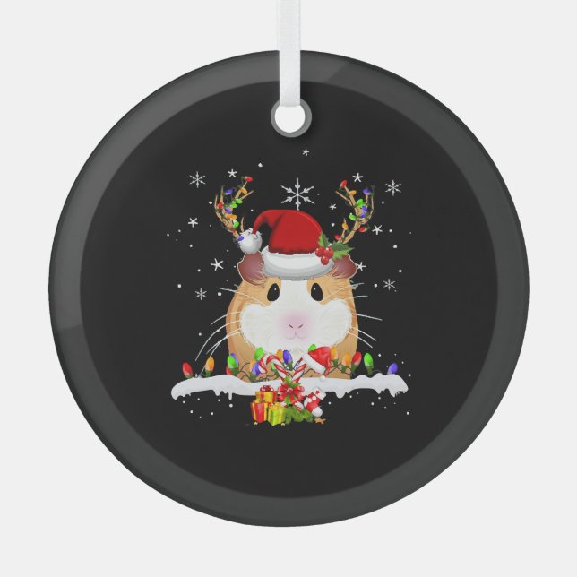 Guinea Pig Christmas Reindeer Christmas Lights Glass Tree Decoration (Front)
