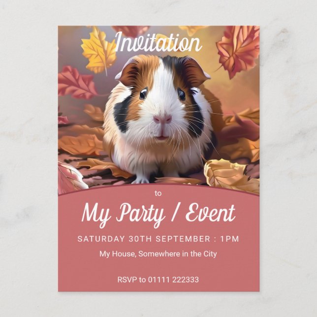 Guinea Pig & Falling Autumn Leaves Party / Event Invitation Postcard (Front)