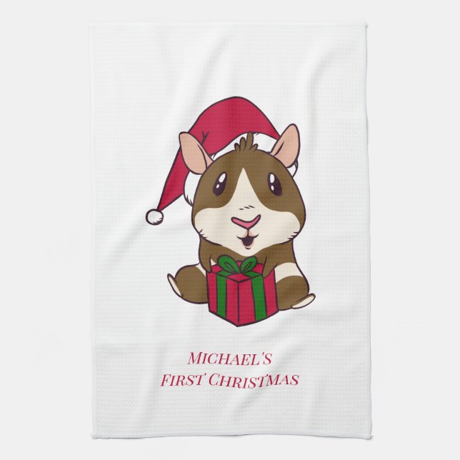 Guinea Pig First Christmas Holiday Personalised Tea Towel (Vertical)