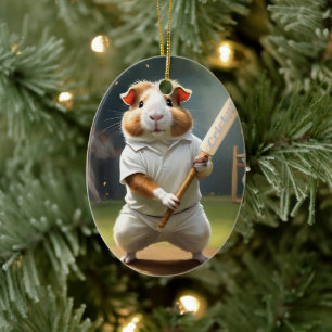 Guinea Pig Playing Cricket, Ceramic Tree Decoration