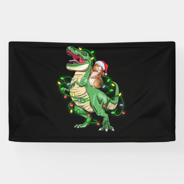 Guinea Pig Riding Christmas Light T Rex Dinosaur Banner (Horizontal)