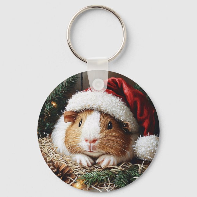 Guinea Pig Wearing a Santa Hat Key Ring (Front)