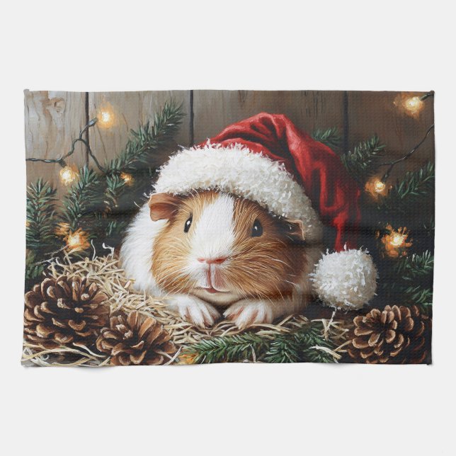 Guinea Pig Wearing a Santa Hat Tea Towel (Horizontal)