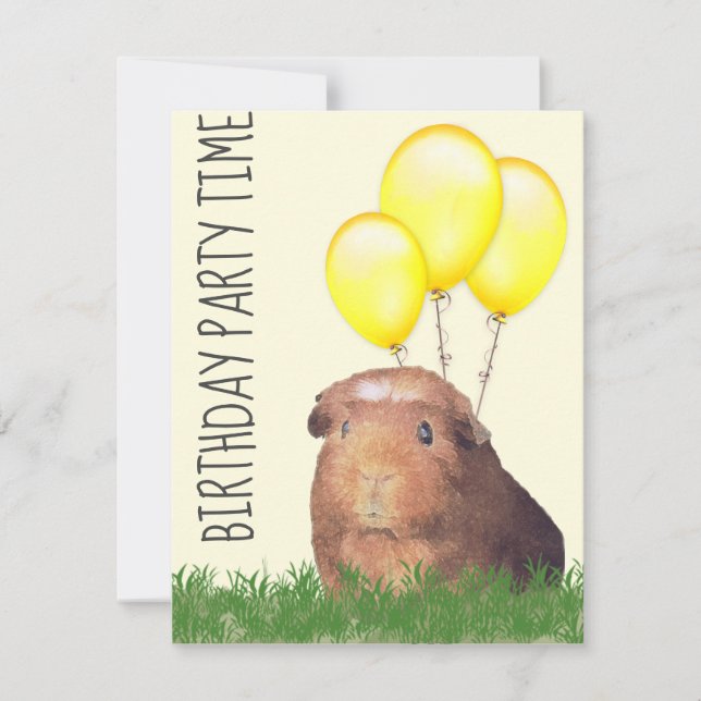 Guinea Pig Yellow Balloons Custom Birthday Invitat Invitation (Front)