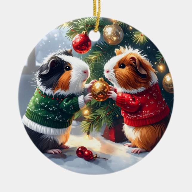 Guinea Pigs & Christmas Tree Christmas Ceramic Tree Decoration (Front)