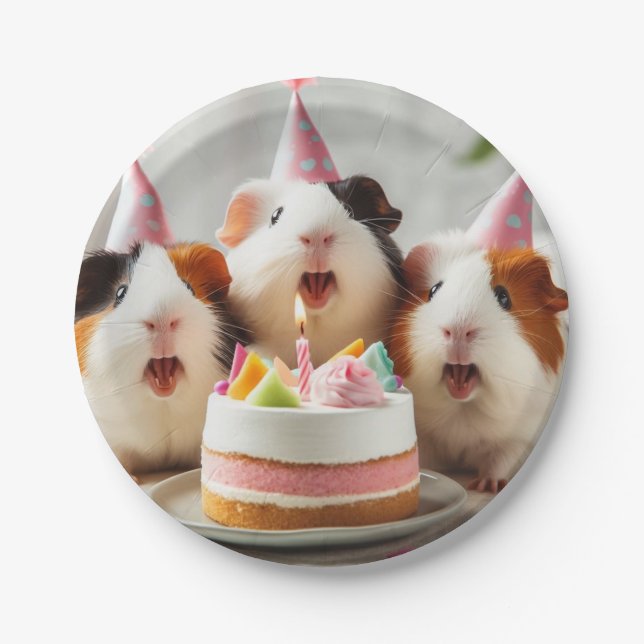 Guinea pigs eating cake, guinea pig birthday plate (Front)
