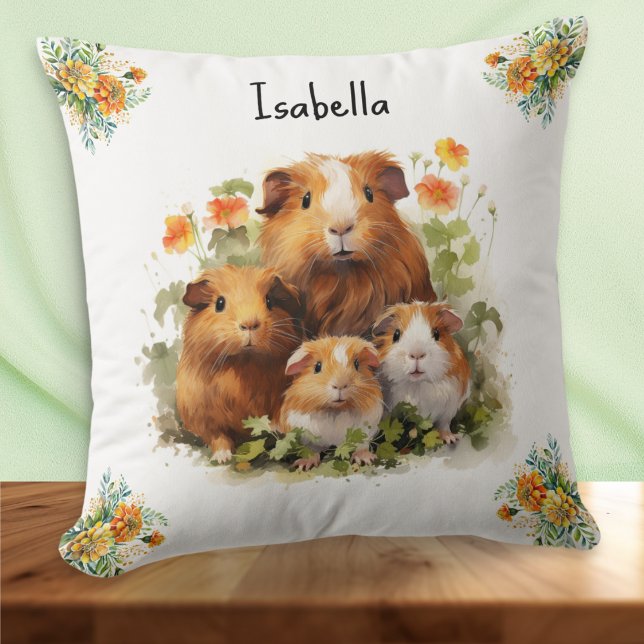 Guinea Pigs Marigold Flowers Cute Personalised Cushion (A cute personalized pillow, with illustration of four adorable guinea pigs among flowers)