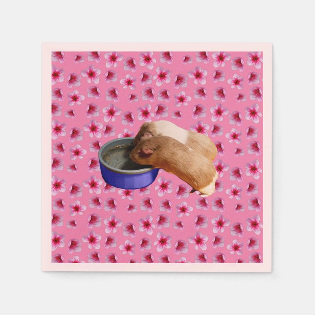 Guinea Pigs On Pink Blossoms,    Napkin (Front)