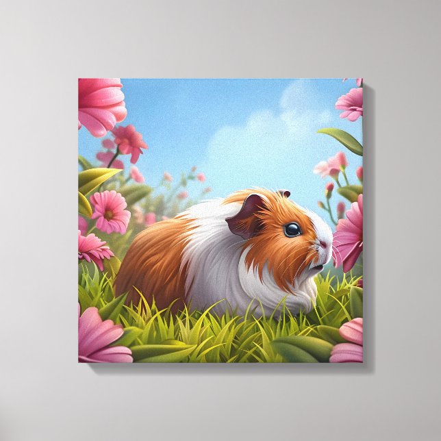 Guinea Pig's Pink Flower Paradise Canvas Print (Front)