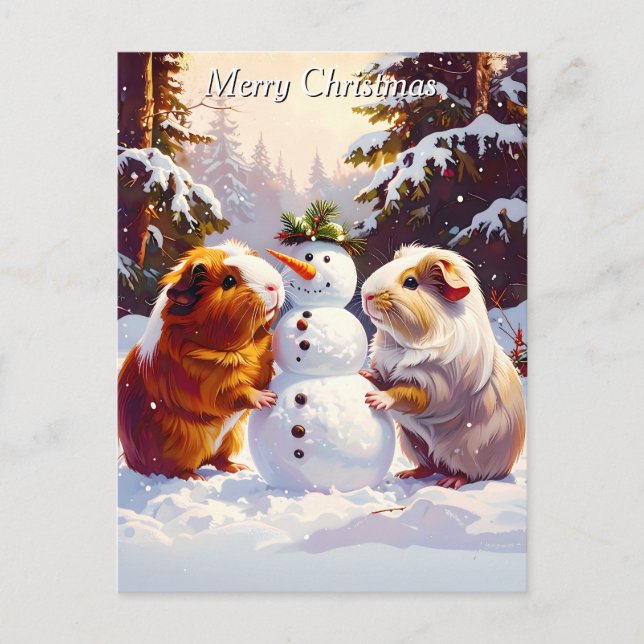 Guinea Pigs & Snowman Christmas Holiday Postcard (Front)