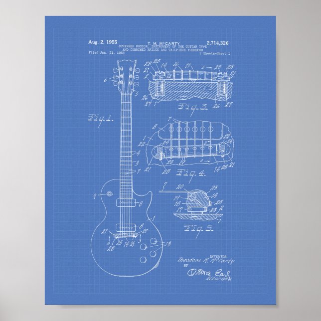 Guitar 1955 Patent Art - Blueprint Poster (Front)