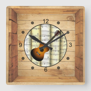 Guitar ~ 3 Dimensional ~ Folk Art Box ~ Square Wall Clock