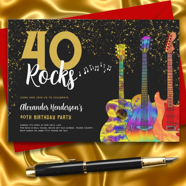 Guitar 40th Birthday Party Black and Gold Glitter Invitation (Rock and roll guitar 40th birthday party black and gold invitation 40 rocks funky music)