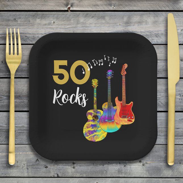 Guitar 50th birthday party 50 rocks paper plate (Rock and roll 50th birthday party square paper plates cool guitars and gold typography on black)