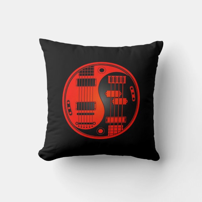 Guitar and Bass Yin Yang Red and Black Cushion (Front)
