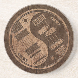 Guitar and Bass Yin Yang with Wood Grain Effect Coaster