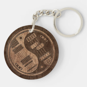 Guitar and Bass Yin Yang with Wood Grain Effect Key Ring