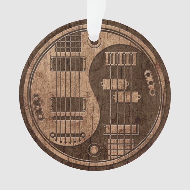 Guitar and Bass Yin Yang with Wood Grain Effect Ornament (Front)