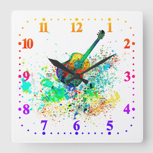 Guitar and chords splatter square wall clock (Front)