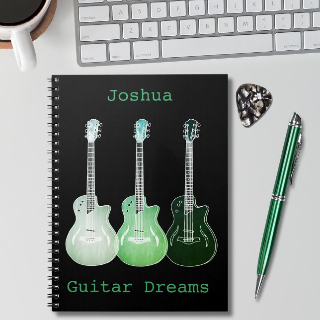 Guitar Art add Name Green Black Songwriting Notebook (guitar illustrations on black green pop art personalized notebook guitarist musician songwriting )