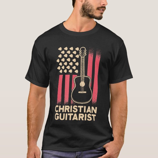 Guitar - Christian Guitarist USA Flag Church Worsh T-Shirt (Front)