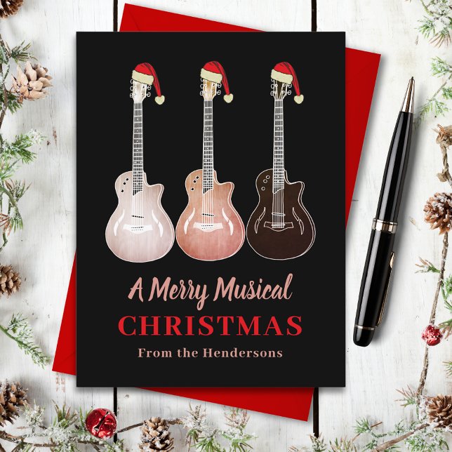 Guitar Christmas Merry Musical Budget Holiday Postcard (Christmas guitars wearing Santa hats custom rustic guitar music budget holiday greetings postcard )