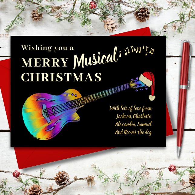 Guitar Christmas Personalised Gold (Guitar merry musical Christmas black and gold foil custom holiday card)