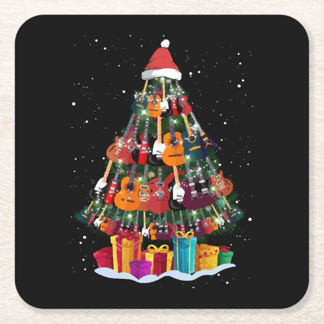 Guitar Christmas Tree Funny  Square Paper Coaster (Front)