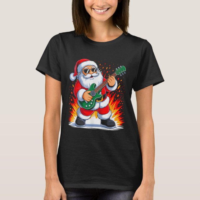 Guitar Clic Santa Playing Drums Funny Christmas Xm T-Shirt (Front)