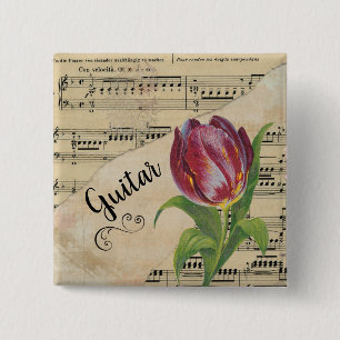 Guitar Elegant Tulip Vintage Sheet Music 15 Cm Square Badge