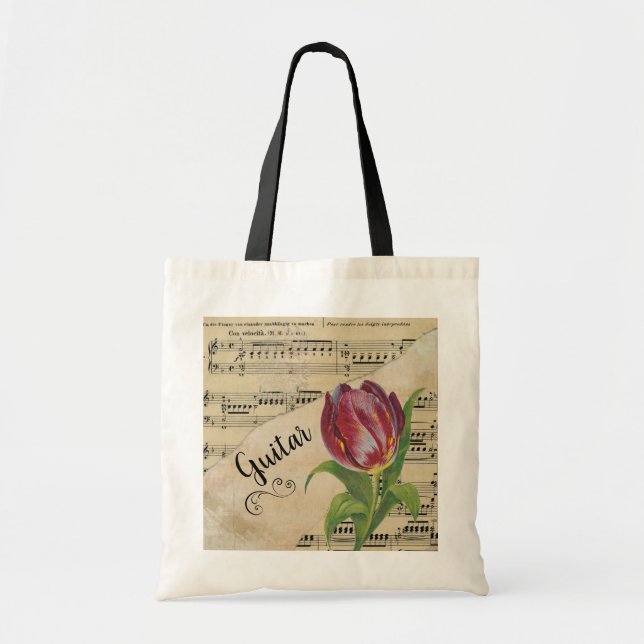 Guitar Elegant Tulip Vintage Sheet Music Tote Bag (Front)