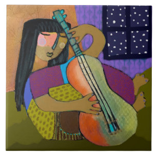 Guitar Girl Ceramic Tile (6" square)