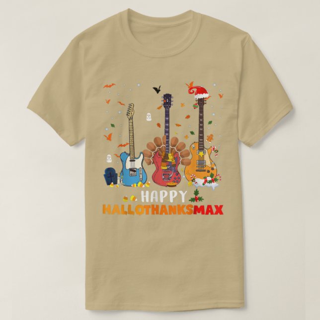 Guitar Happy Hallothanksmas Halloween Thanksgiving T-Shirt (Design Front)