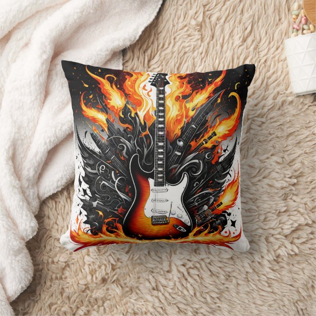 Guitar ignited by vibrant flames in dynamic art cushion (Blanket)