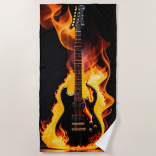 Guitar in flame Beach Towel