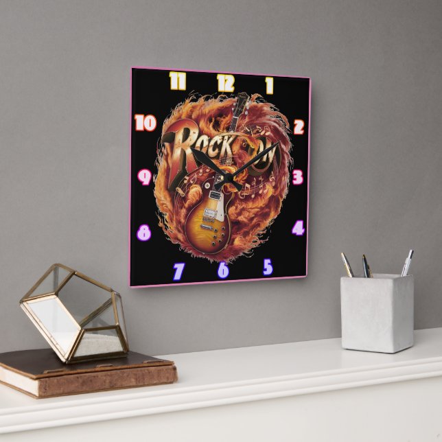 Guitar in flames with notes at dusk square wall clock (Office)