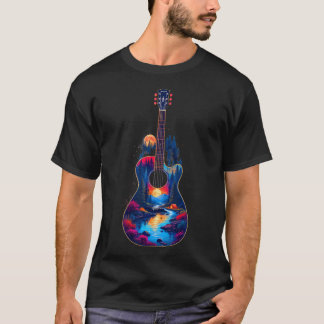 Guitar Lake Reflections Forest Pine Tree Moon Camp T-Shirt