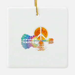 Guitar Lake Shadow Peace Love Guitar Hippie Ceramic Ornament
