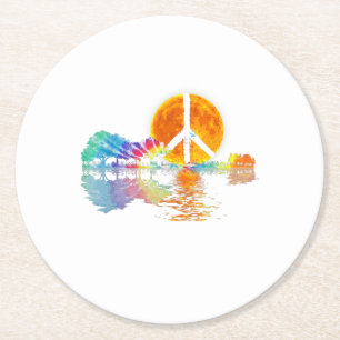Guitar Lake Shadow Peace Love Guitar Hippie Round Paper Coaster