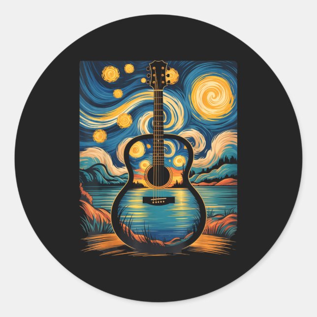 Guitar Lake Starry Night Music Guitarist Van Gogh  Classic Round Sticker (Front)