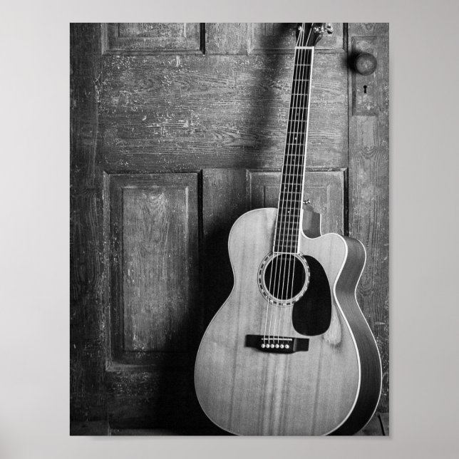 Guitar Leaning Against Door in Black and White Poster (Front)
